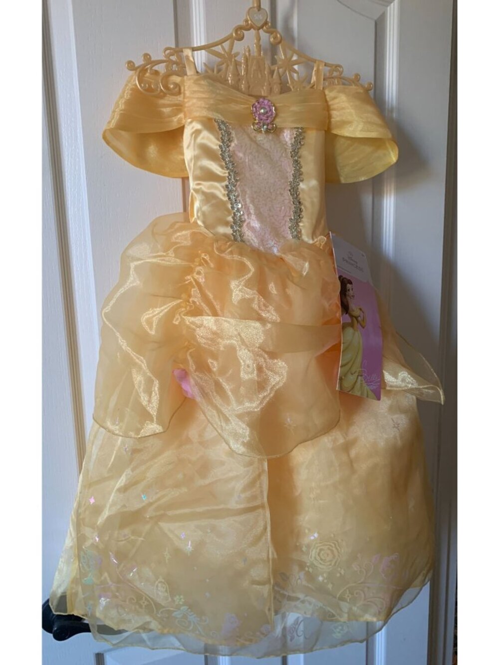 Disney Princess Belle Yellow Gown Dress With Glittery Overlay & Pink Rose Brooch